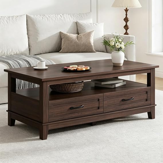 GarveeHome Farmhouse Coffee Table with Drawers, 47.2 in Center Table Rustic Coffee Tables Walnut Center Table with Open Shelf, 6 Support Legs
