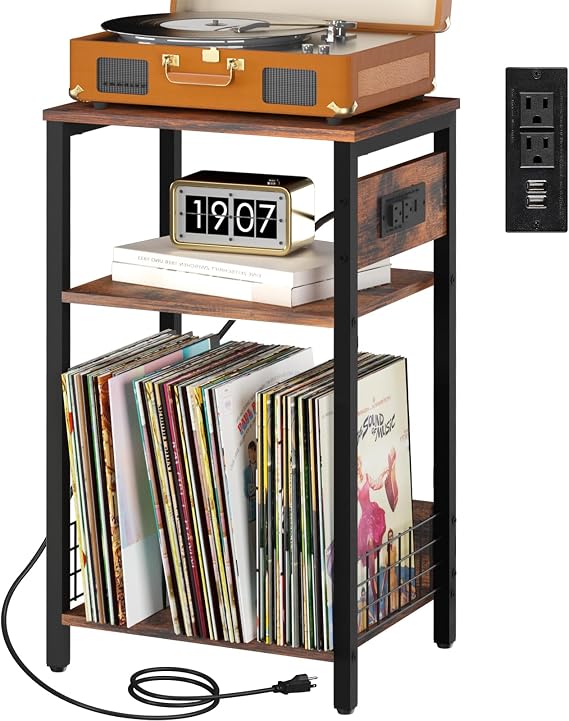 Yoobure Record Player Stand, 3-Tier White Side Table with Charging Station, Small End Table Record Holder with Vinyl Storage, Beside Tables Turntable Stand for Album CD, Night Stand for Living Room