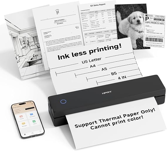 HPRT Portable Printer Wireless for Travel, Inkless Thermal Printer Black