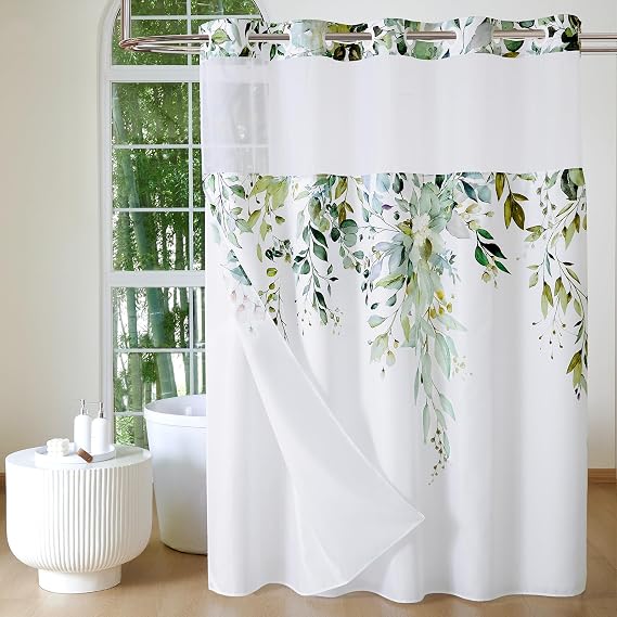 QiyI No Hook Shower Curtain with Snap in Fabric Liner, Sage Green Eucalyptus Shower Curtain with See Through Top Window, Waterproof Washable Cloth Ringless Shower Curtain Set for Bathroom, 72 x 75