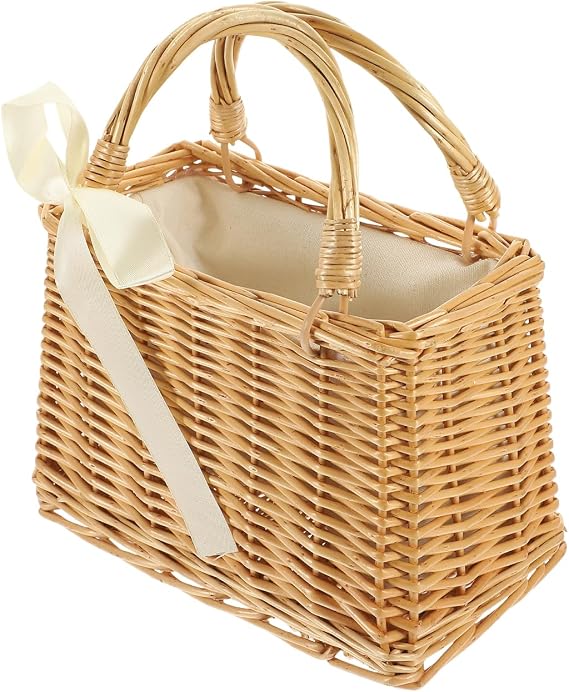 Vaguelly Wicker Handbag Bow Rattan Woven Bag Straw Bags Top Handle Wicker Baskets Purse Handbags Boho Style Beach Bag Flower Basket Straw Tote for Women Square Rattan Bag