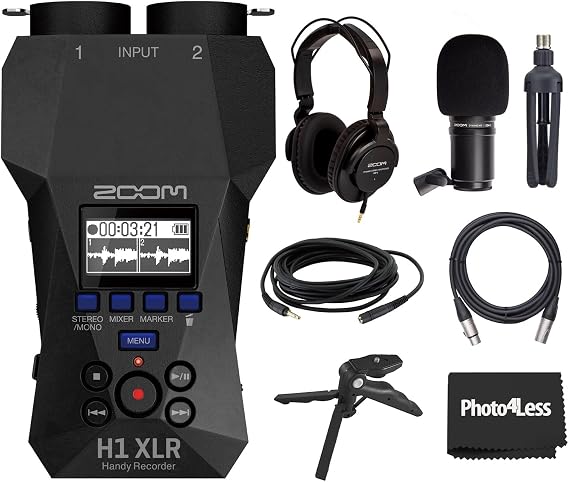 Zoom H1 XLR Handy Recorder, Bundle with Zoom ZDM-1 Podcast Mic Pack with Headphones, Windscreen, XLR Cable and Tabletop Stand, and Table Tripod Hand Grip
