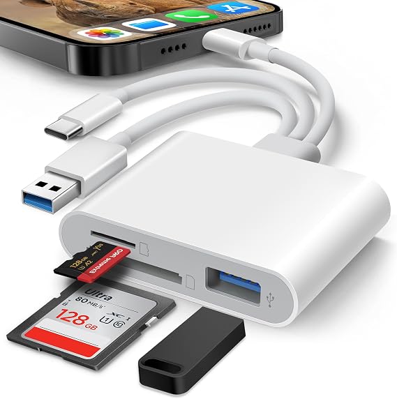 SD Card Reader for iPhone iPad Mac, Lightening & USB-C & USB-A 3 in 1 Memory SD Card Adapter, Support SD/MicroSD/USB OTG, High-Speed Trail Camera Card Viewer,Portable No App Plug & Play