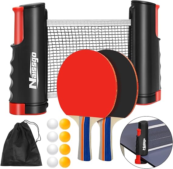 Table Tennis Set with Retractable Net, Portable Ping Pong Paddle Set with 2 Rackets, 8 Balls and Mesh Bag, Easy Setup Table Tennis Kit for Indoor Outdoor, Beginners, Home and Office