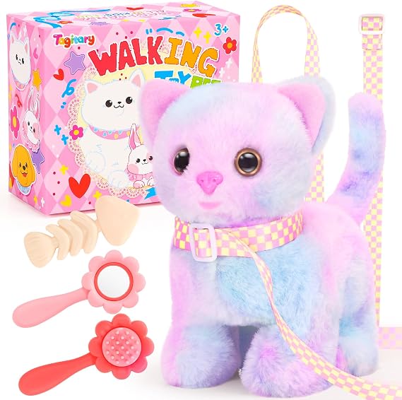 Tagitary Plush Interactive Electronic Cat Toy for Kids - Moves, Meows, Wags Tail - Stuffed Animal With Leash - Easter, Christmas, Birthday Gift for Toddlers