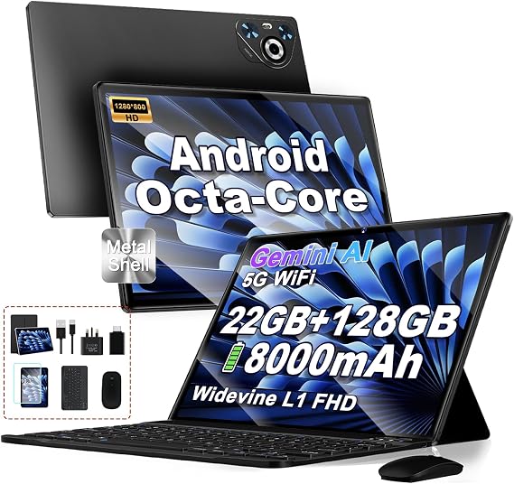 Tablet Android Octa Core 22GB RAM + 128GB ROM (2TB TF) | tablets 10 Inch | 5G + 2.4G WiFi | GPS| FHD | Bluetooth 5.0 | 8000mAh | 8MP + 5MP |Split Screen|Type C, Keyboard and Mouse-Black