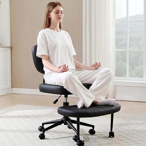 Ergonomic Cross Legged Chair, 360 Swivel Meditation Seat Adjustable Meditation Kneeling Yoga Chair, Armless Design 300LB Heavy Duty with Brake Wheels for Home Office (Black)