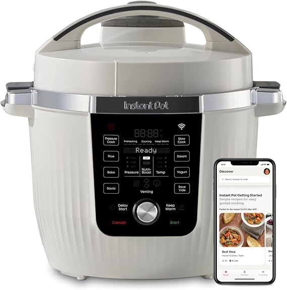Instant Pot PRO Max Wi-Fi Smart 10-in-1 Pressure Cooker, Steamer, Sauté, Warmer, Rice Cooker, Yogurt Maker, Vacuum, Baker, NutriBoost - App with 2000+ Recipes - 6 Quart