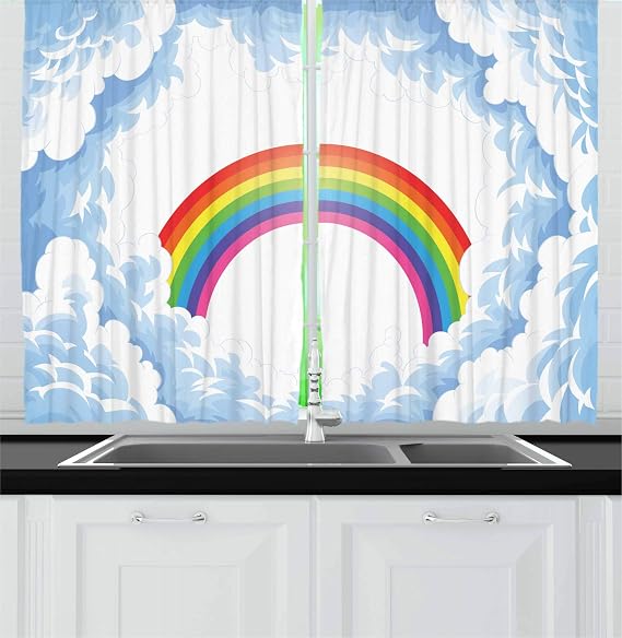 Ambesonne Cartoon Kitchen Curtains, Rainbow Above Fluffy Romantic Clouds Nursery Art Design, Window Drapes 2 Panel Set for Kitchen Cafe Decor, 55" x 39", Baby Blue Yellow White and Pink