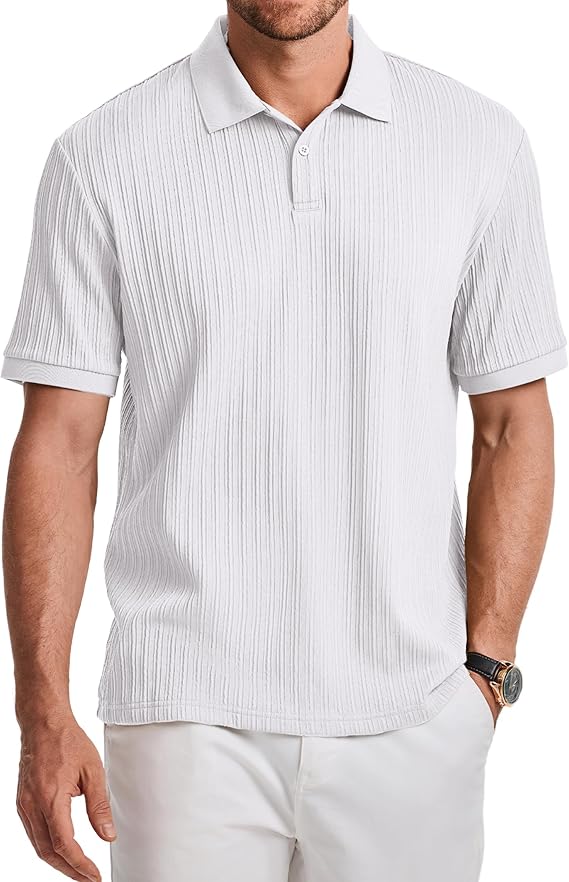 JMIERR Mens Polo Shirt Short Sleeve Textured Knit Botton Summer Casual Vacation Beach Stretchy Collar Golf Shirts