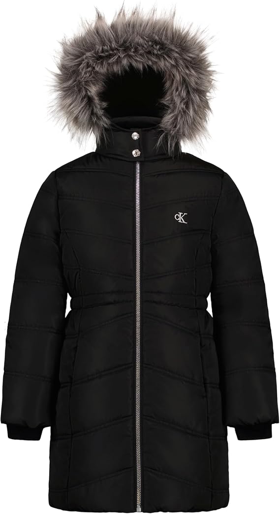 Calvin Klein Girls' Hooded Winter Puffer Jacket, Full-length Heavyweight Coat With Fleece Lining