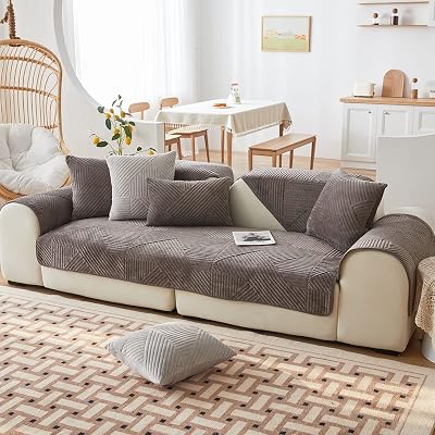 vctops Geometric Quilted Velvet Plush Sofa Couch Cover Luxury Thick Soft Sectional Couch Covers Non Slip Sofa Slipcover Furniture Protector for Pets Kids Children Dog Cat Brown Grey,43x70