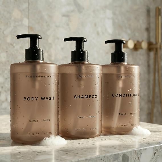 Stylish Shampoo & Conditioner Dispenser Set of 3-20oz Bottles with Pump
