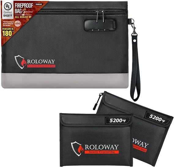 ROLOWAY 6400F Fireproof Money Bag with Lock for Cash(12.2 x 8.5 x 1.6 inches and Fireproof Bag (9.6 x 6.6 inches) 5200F Heat Insulated