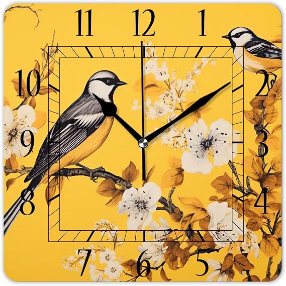 Decorative Wall Clock 10 Inch Silent Square Clocks for Home Living Room Kitchen,Birds and Flowers on A Yellow Background Design