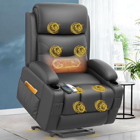 Lift Chair For the Elderly, Recliner Armchair with Massage and Heat Rise Recliner Chair for Living Room Lounge Sofa Chair with 4 Side Pockets 2 Drink Holders Type C+USB Ports