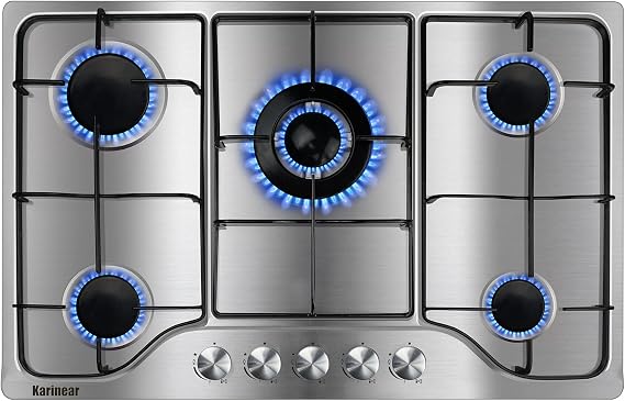 Karinear Gas Stove Cooktop 30 Inch 5 Burners, Built-in Stainless Steel Gas Hob, NG/LPG Dual Fuel Stovetop with Thermocouple Protection for Apartments, Indoor (Come with Pressure Regulator)