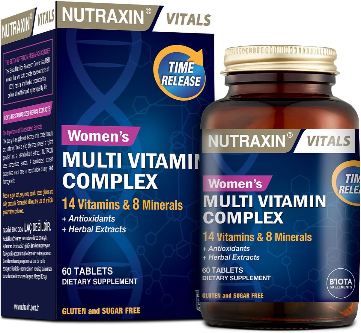 Nutraxin Multivitamin Complex Kadın – 14 Vitamin, 8 Mineral ve Bitkisel Ekstre İçeren Kadınlara Özel Takviye – 60 Tablet – Vegan