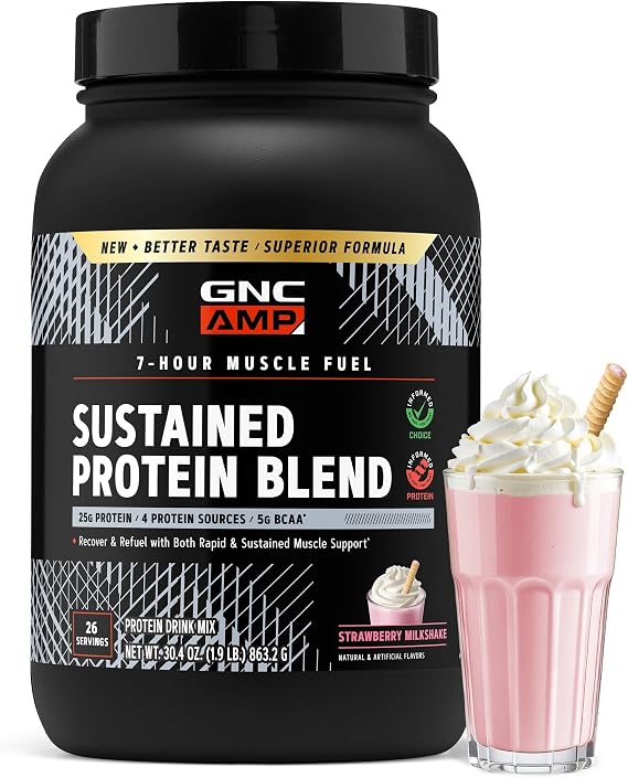 GNC AMP Sustained Protein Blend, Strawberry Milkshake, 30.5 Oz, 26 Srvgs