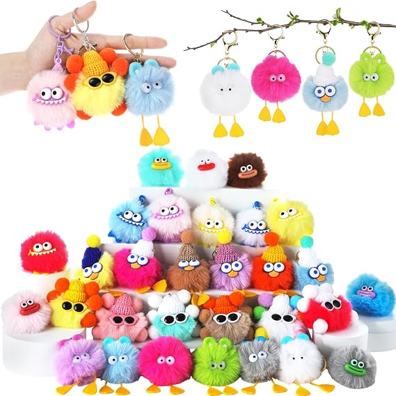Equsion 30 Pcs Mini Plush Keychain Bulk Party Favors Keychains End of The Years Gifts Bag Purse Charm Bag Stuffers Prizes