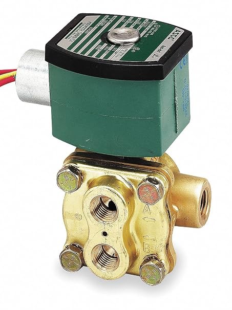 ASCO 8342G001-120/60 Brass Body Direct Acting General Service Solenoid Valve, 1/4" Pipe Size, 4-Way Inline Single Solenoid, Polytetrafluoroethylene Sealing, 3/16" Orifice, 0.7 Cv Flow, 120/60V