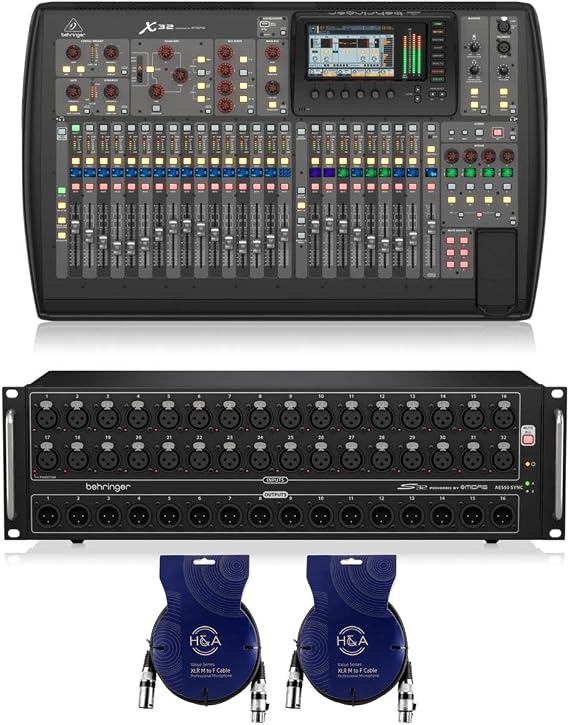 Behringer X32 32-Channel 16-Bus Total Recall Digital Mixing Console - Bundle with Behringer S32 I/O Box with 32x Remote-Control MIDAS Preamps, 2x H&A XLR M to F Microphone Cable - 25'