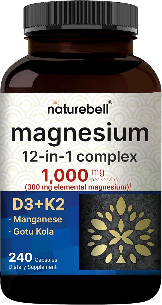 NatureBell 12-in-1 Magnesium Complex 1000mg, 4-Months Supply Magnesium Glycinate, Citrate, Taurate, Malate, More High Absorption Formula for Men & Women Chelated & Purified 240 Capsules