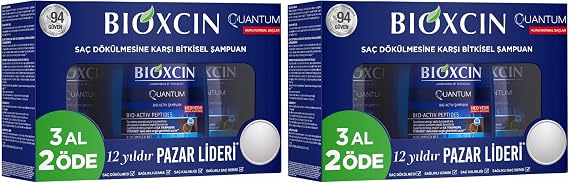 Bioxcin Quantum Şampuan – Kuru ve Normal Saçlar İçin – 3x300 ml – Dökülme ve İncelme Karşıtı – Bio-Activ Peptit, BioComplex B11, Bal ve Mentol İçerikli (2 paketi)