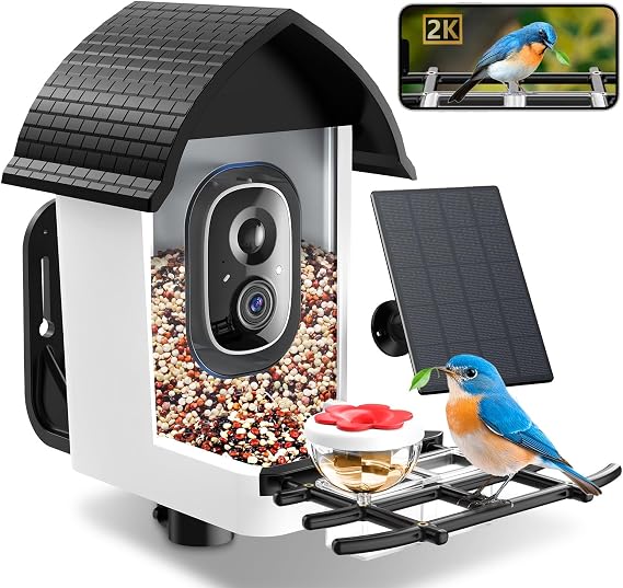 Smart Bird Feeder with Camera, Solar Powered 2K HD Bird Watching Camera | Live View, Auto Capture, AI Identify 10,000+ Species, 2.4G WiFi , Outdoor Birdhouse, Bird Lovers Gift