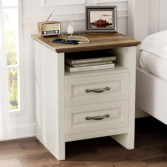 Pipishell Night Stand with Charging Station, Farmhouse Bedside Table with 2 Drawers and Open Storage, Rustic End Table with AC Outlets & Type-C Ports for Bedroom, White & Brown