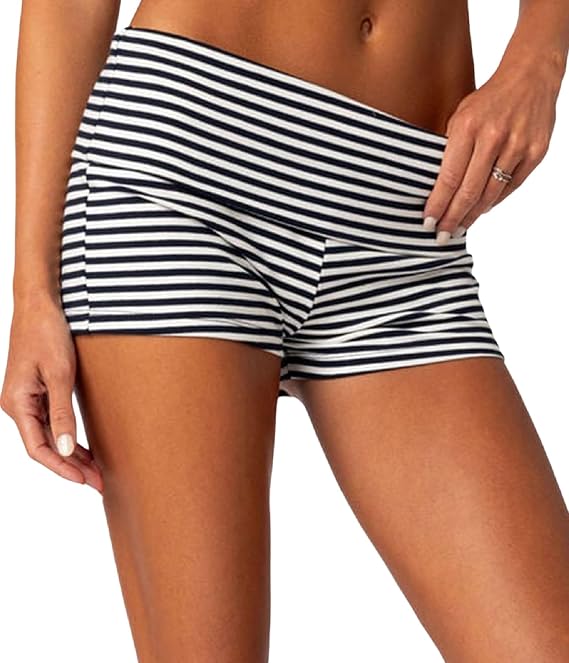 Women Fold Over Lounge Shorts Sexy Low Rise Yoga Shorts | Y2k Foldover Waist Fitted Mini Shorts Cute Striped Roll Over Pajama Shorts Athletic Yoga Pilates Short Bottoms Loungewear