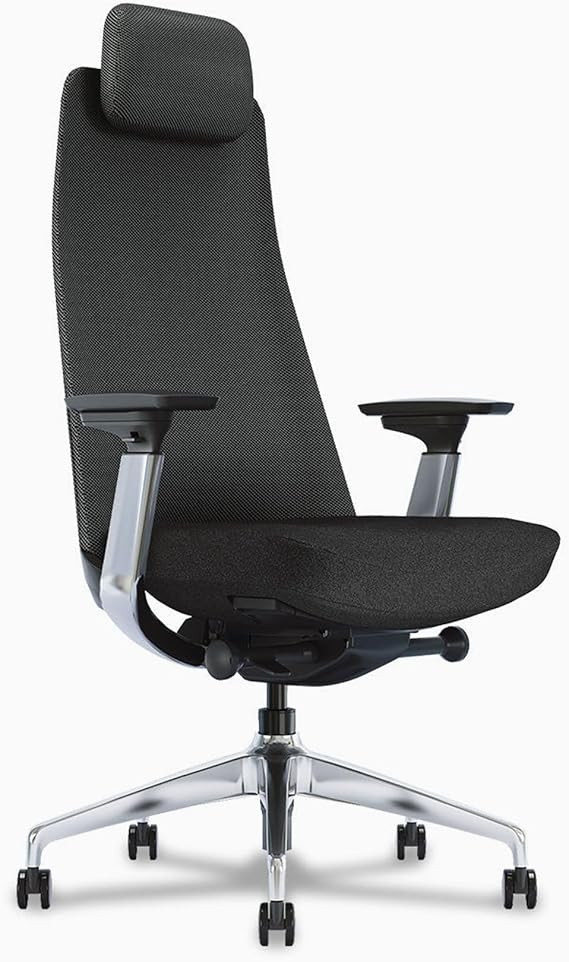 Desky Pinnacle Executive Office Chair, High Back Leather Desk Chair with Adjustable Height, Padded Arms, Tilt Recline & Swivel Base, Ergonomic Chair for Home or Office (Black/Polished Aluminium)