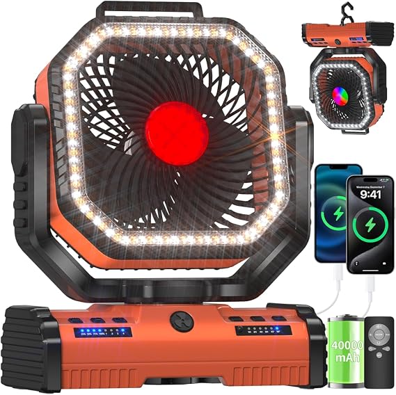 12 Inch Portable Camping Fan, 40000mAh Rechargeable Battery Powered Fan with 4 Speeds Wind and LED Light 140H, Cool & Warm Light and SOS Mode, Auto Oscillating, 360 Rotating Hang Hook(Orange) | 4 Speeds;Cool & Warm Light;Timming;Auto Oscillating;360 Rotating Hang Hook