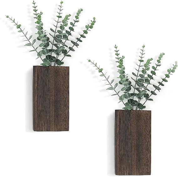 Wall Planter, 2PCS Wooden Plant Wall Decor Vase with Artificial Eucalyptus, Hanging Planter, Vertical Decor for Bedroom Living Room Home Office