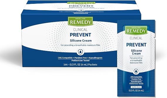 Medline Remedy Clinical Silicone Cream, 144 Packets (0.13 fl oz), Vanilla Scent, Breathable Film, Soothing, Moisturizing, Nourishing, Hydrating Skin Care, For Cracked, Chapped, Sensitive Skin