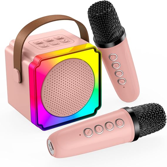 MMOBIEL Children's Karaoke Machine with 2 Microphones - Mini Karaoke Machine Portable Bluetooth Speaker 2 Wireless Microphones - Toy 3+ Years Gifts for Girls Boys Children - Pink