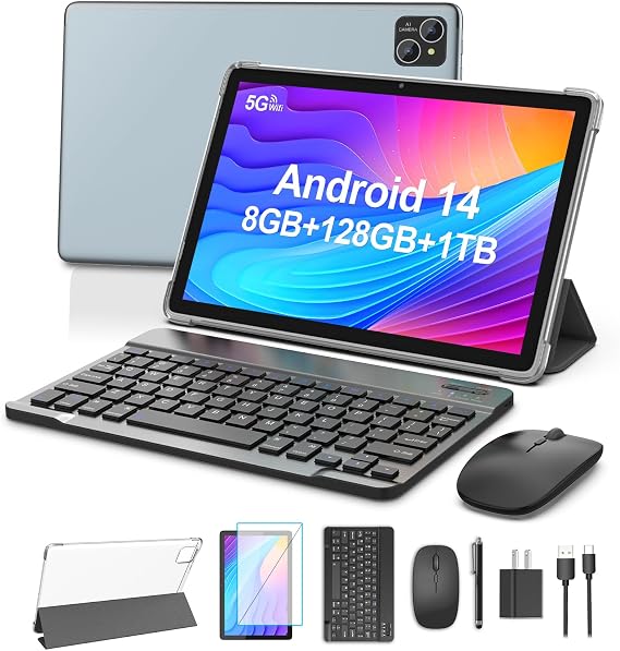 Android 14 Tablet 10.1 inch Tablet, 128GB ROM+8(4+4 Expand) GB RAM 1TB Expand, Octa-Core,8000mAh Battery, 5G Wi-Fi 6, 2+8MP Dual Camera, 1280x800 FHD IPS, Bluetooth, Tablets with Keyboard