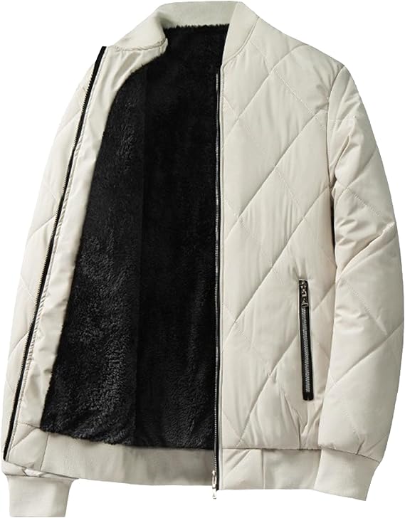 Men's Quilted Open Bottom Bomber Jacket Casual Sherpa Lined Down Jackets Stand Collar Diamond Pattern Overcoat (Khaki,Medium)