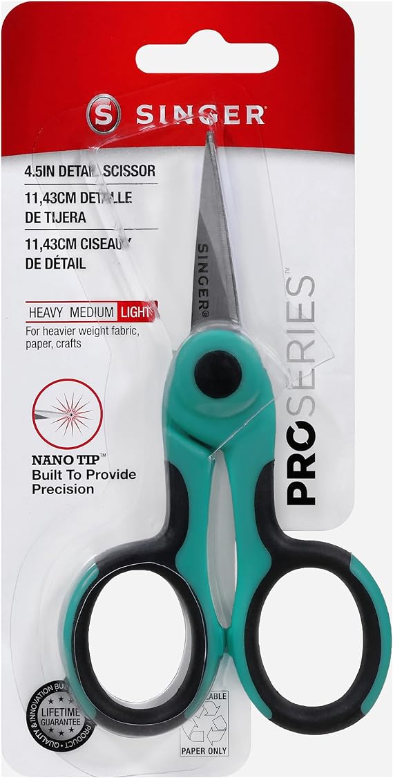 SINGER 4-1/2 inch ProSeriesTM Scissor with NANO TipTM Comfort Grip | Ultra-sharp NANO Tip 4.5 inch detail scissors with soft TPR grip; precise cuts for embroidery, applique and detail work