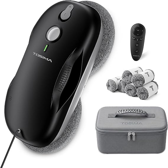Tosima W3 Window Cleaning Robot Automatic Spray Function with 80 ml Tank Triple Safety System Window Robot Intelligent Navigation Remote Control for All Smooth Surfaces with 12 Wipes