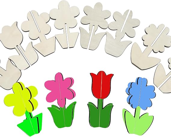 40PCS 3D Unfinished Blank Flower Wooden Cutouts Craft for Kids | Spring Tulip for Children's Painting DIY Room Decoration Gift Giving Surprise (40Flower)
