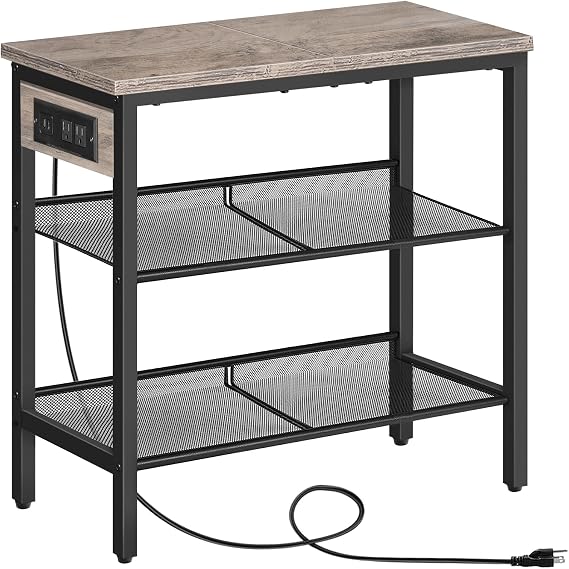 HOOBRO End Table, 3-Tier Narrow Side Table with Charging Station, Nightstand with 2 Flat or Slant Adjustable Shelves for Small Spaces, Living Room, Bedroom, Greige and Black BG23UBZ01G1