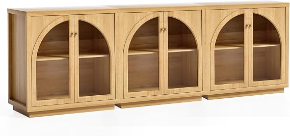 Modern Storage Cabinet Set of 3, Arched Cabinet with Adjustable Shelves, Sideboard Buffet Accent Display Cabinet with Acrylic Door for Living Room, Dining Room, Entryway(Natural Oak)