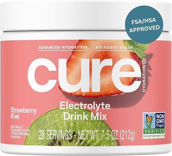 Cure Hydration - Electrolyte Drink Powder Strawberry Kiwi 28 Servings | Plant-Based Dehydration Relief Mix Made with Coconut Water, No Added Sugar, Vegan, Non-GMO, Gluten Free, FSA-HSA Eligible