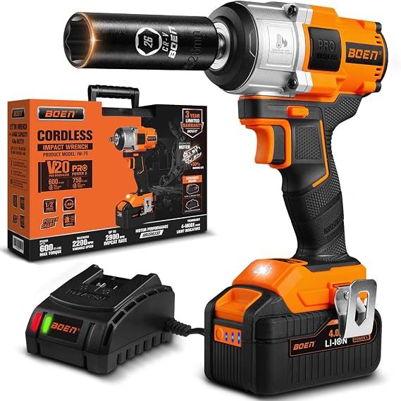 boen Cordless Impact Wrench 1/2 inch, 600FT-LBS(800N.m), Brushless Electric Impact Wrench, 2200RPM High Torque Impact Gun for Car Home, Includes 4.0Ah Battery1, Charger, IW-75