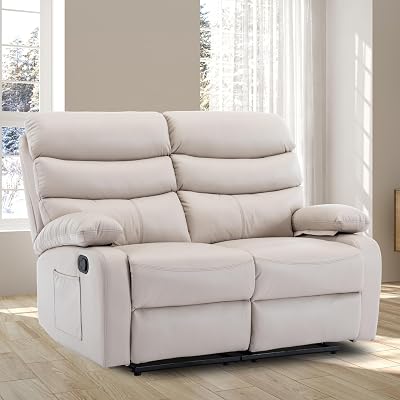 Manual Loveseat Recliner, Faux Leather Double Recliner Loveseat, Reclining Love Seat with Side Pockets for Living Room, Home Theater, RV, Cream