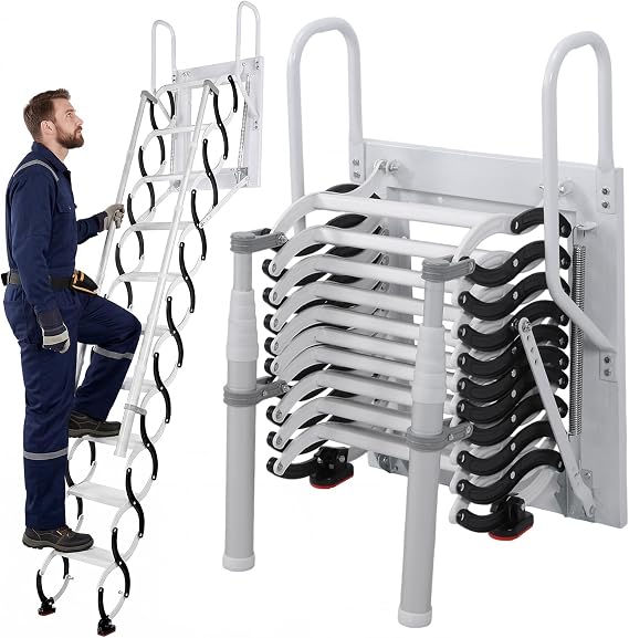 10 Steps Attic Ladder Pull Down System, Wall-Mounted Folding Attic Stairs with 2 Handrails, Retractable Collapsible Loft Ladder for Basement, Storehouse, Indoor, Garage, Basement