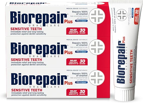 Biorepair Plus Sensitive Teeth Toothpaste - 240 mg/g microRepair Fluoride Free Hydroxypatite – Enamel Repair that Immediately Reduces Tooth Sensitivity (Pack of 3)