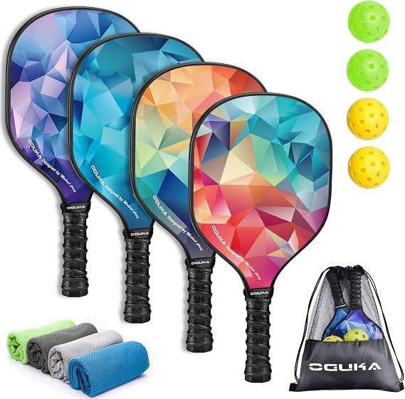Pickleball Paddles, Lightweight Pickleball Paddles Set of 4, 4 Pickleball Balls, 4 Cooling Towels& Bag, Premium Pickleball Rackets for Beginners & Pros