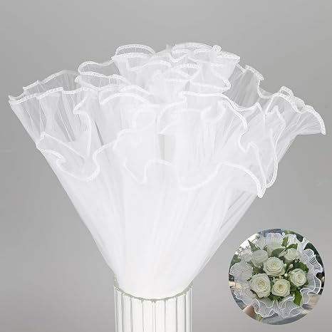 Trinkrittey White Flower Wrapping Mesh Paper Bouquet Floral Packaging Paper Wrinkle Wrapping Papers for Valentine's Day Mother's Day 4 Yards